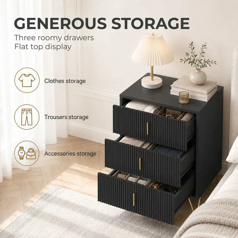 HOMCOM Modern 3-Drawer Dresser, Fluted Bedroom Dresser Chest of Drawers with Metal Legs and Steel Handles for Bedroom, Black