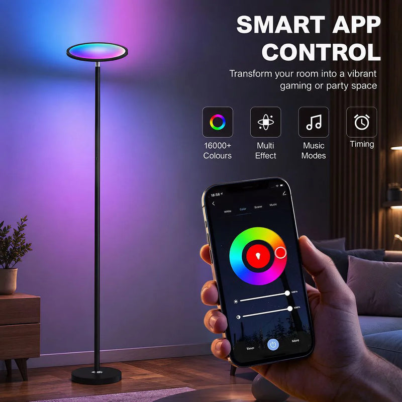HOMCOM Uplighter Floor Lamp with Tuya App and Music Sync, Standing Lamp with Adjustable Head for Living Room Bedroom, Black