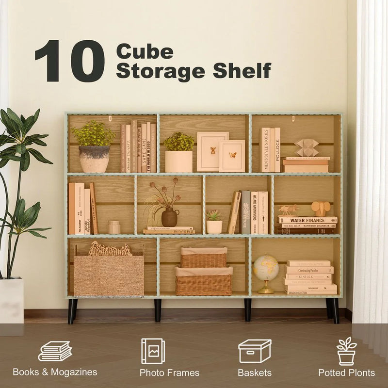 HOMCOM 10-Cube Bookcase, 3-Tier Book Shelf with Solid Wood Legs, 140 cm Modern Bookshelf with Anti-Tip Kit, Light Green