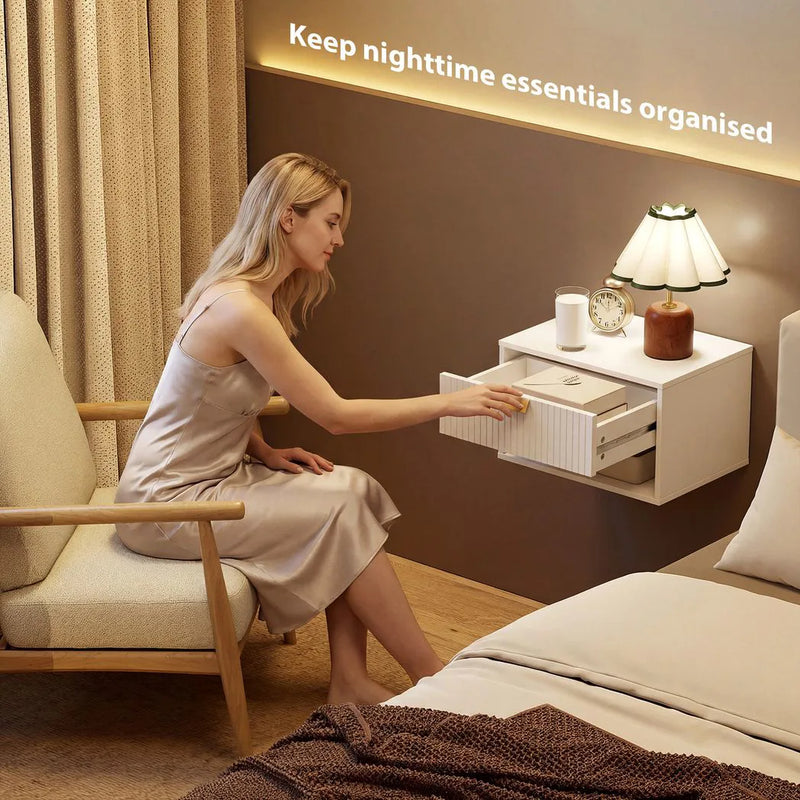 HOMCOM Set of 2 Wall Mounted Nightstands, Floating Bedside Tables with Fluted Drawer and Open Shelf for Small Bedroom, White