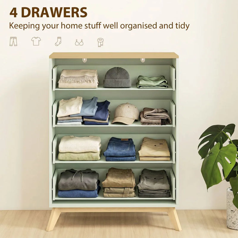 HOMCOM 4 Drawer Storage Cabinet, Chest of Drawers for Bedroom Living Room, Light Green and Oak