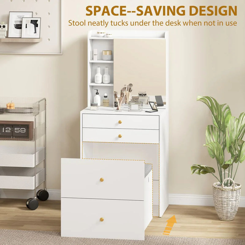 HOMCOM Dressing Table with Mirror and Mobile Storage Stool, Compact Vanity Table with Cabinet, Drawers, Open Shelves, White