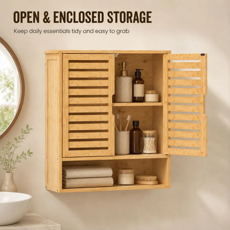 HOMCOM Bathroom Wall Cabinet, Wall Mounted Bathroom Cabinet with 2 Louvered Doors, Open Shelf and Adjustable Shelf Storage