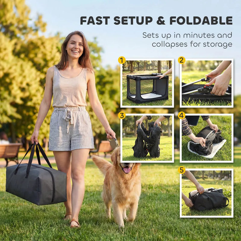 PawHut Soft Dog Crate Pet Travel Crate 90 x 64 x 64 cm with Removable Pad Mesh Window Army Green