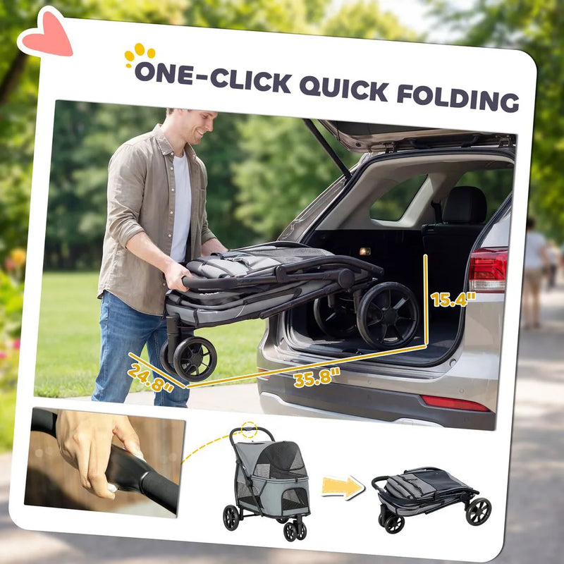 PawHut Dog Stroller, 3 Wheels Pet Stroller with Dual Entry, Easy One-Click Quick Fold, Mesh Windows, Washable Cushion