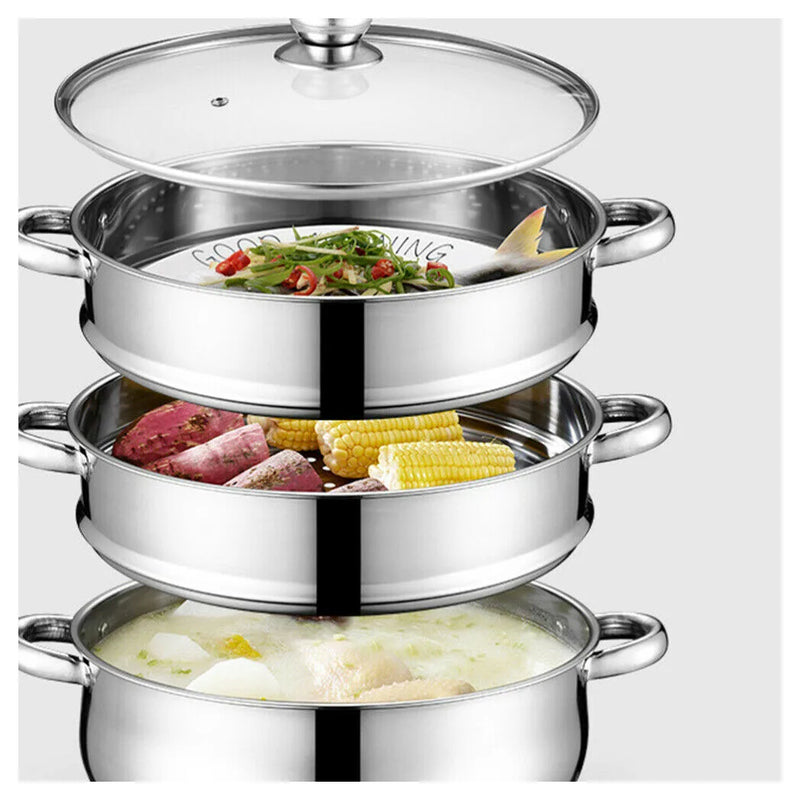 LARGE 28cm 3 Tier Stainless Steel Steam Cooker Steamer Pan Cook Food Veg Pot lid