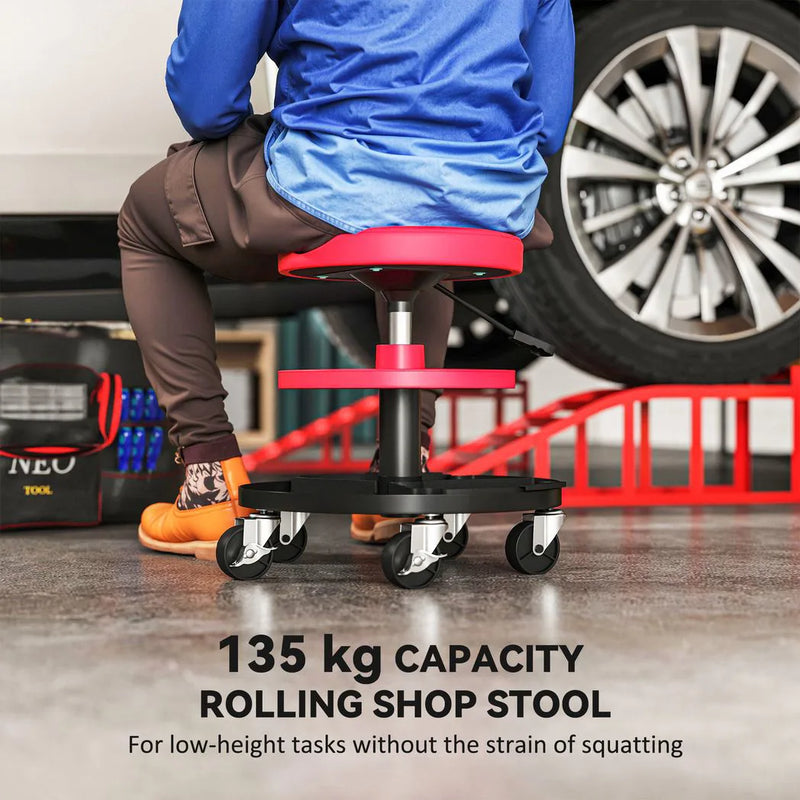 HOMCOM Rolling Mechanic Stool, 135kg Capacity Workshop Stool, 360° Swivel Roller Padded Creeper Seat with Wheels, Tool Trays Storage for Garage, Shop, Auto Repair, Red