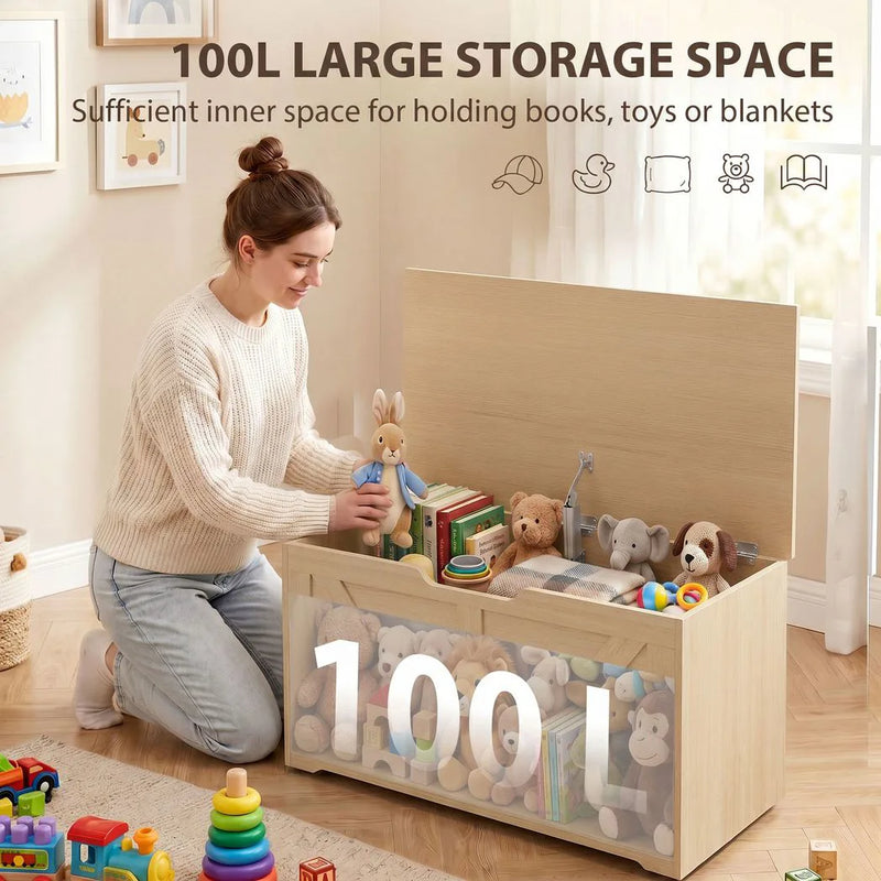 HOMCOM 100L Home Storage Box, with Safety Hinge - Nature Wood Finish