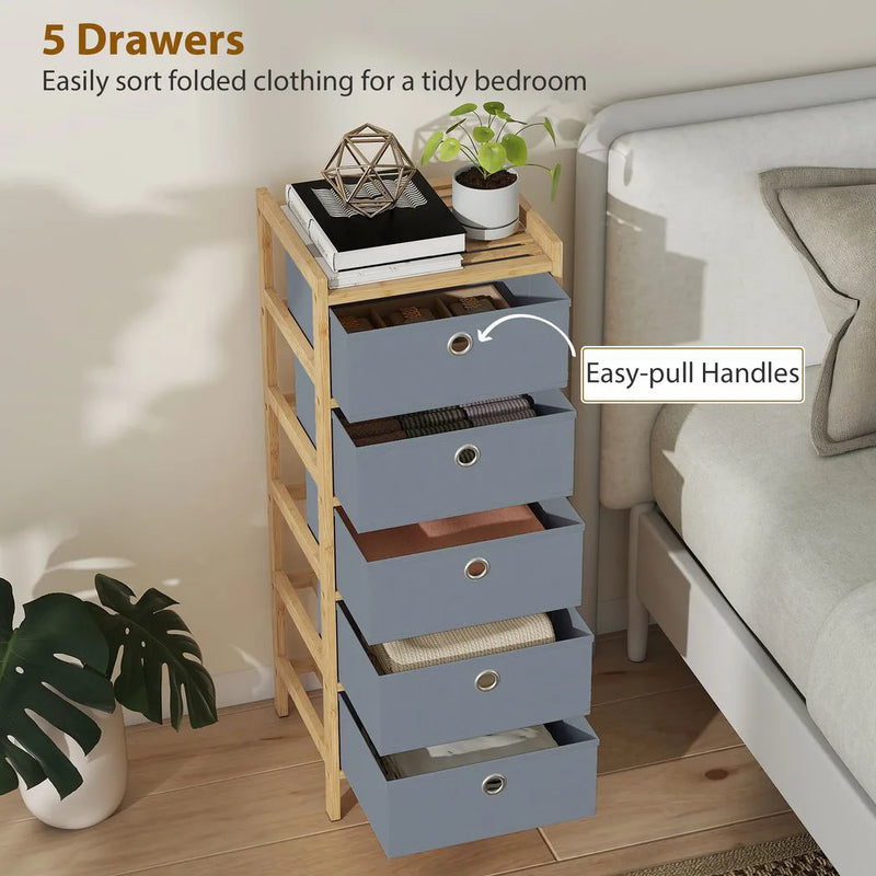 HOMCOM Chest of Drawers, 5 Fabric Drawers Narrow Dresser with Bamboo Frame, Light Grey