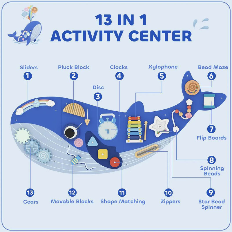 AIYAPLAY Whale Activity Wall Busy Board, 13 in 1 Montessori Inspired Sensory Wall Panel for Playroom Nursery Boys Girls 2, Blue