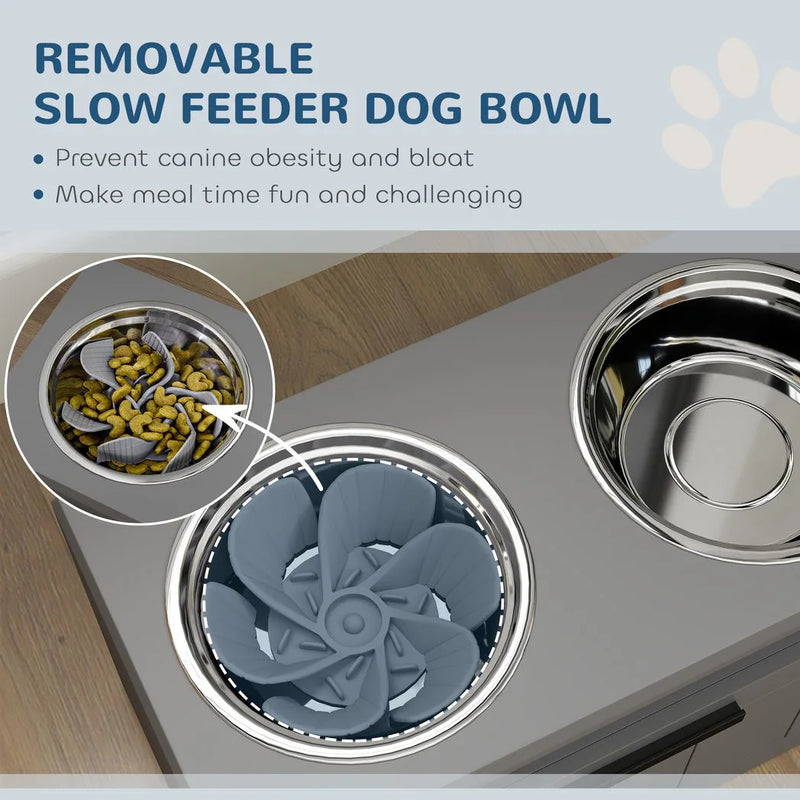 PawHut Raised Dog Bowl with Slow Feeder, Two Stainless Steel Dog Bowls, Drawer, for Large and Extra Large Dogs, Grey
