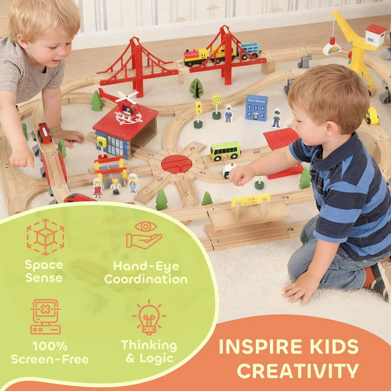 AIYAPLAY 133-Piece Wooden Train Set, Toy Train with Crane, Storage Box, for Kids Ages 3