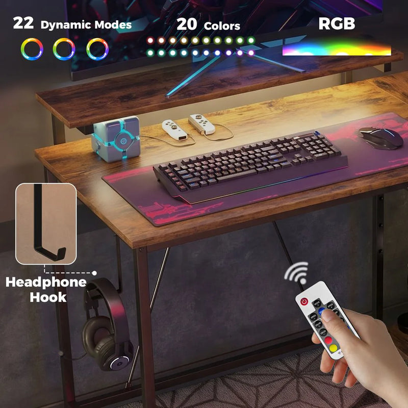 HOMCOM Reversible 'L' LED Light Gaming/Work Desk - Rustic Brown