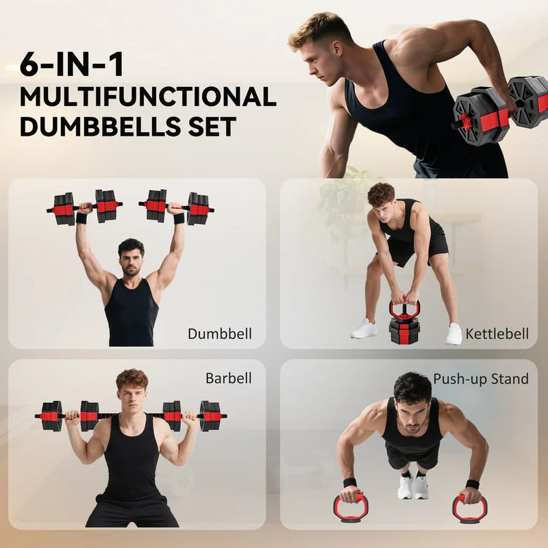SPORTNOW 6-in-1 Adjustable Weight Dumbbells Set, Used as Kettlebell, Barbell, Dumbbell, Push-Up Stand, 20kg Free Weights Set for Men and Women Home Gym Training, Red