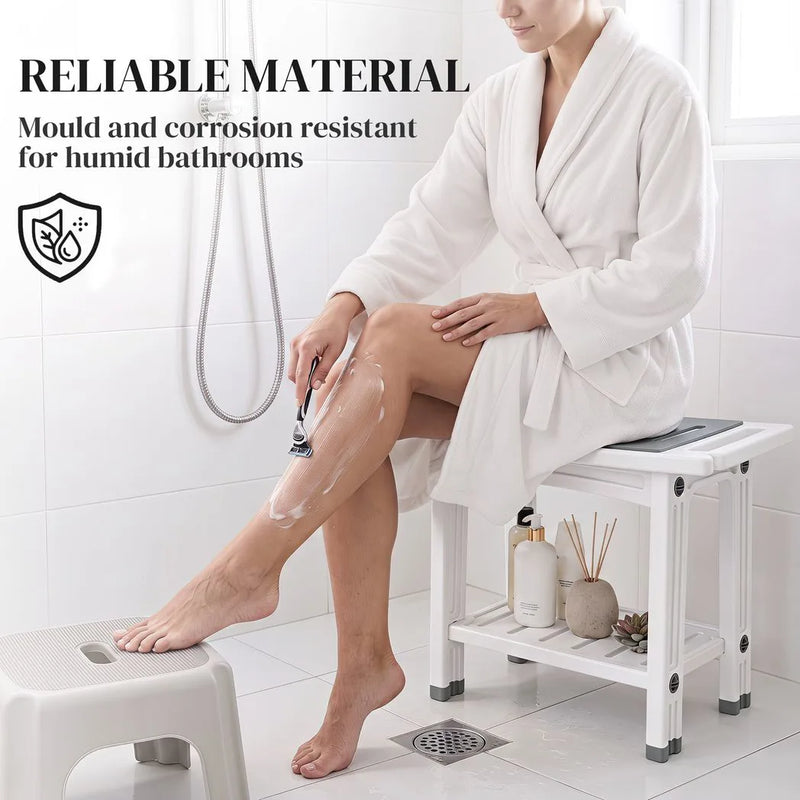 HOMCOM Shower Bench 2-Tier Shower Stool Bathroom with Shelf White and Grey