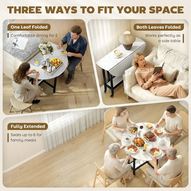 HOMCOM Folding Dining Table, Drop Leaf Table with Open Shelf, Rolling Kitchen Table for Dining Room, Small Spaces, White Marble