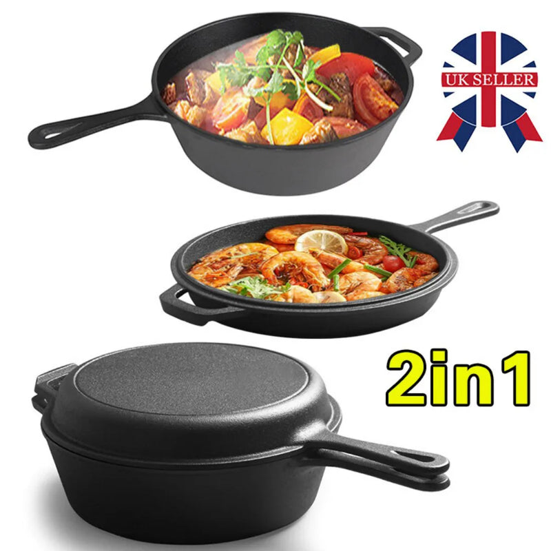 Cast Iron Casserole Dish Pot Pan Cook Camping Stew Dutch Oven Stockpot/Skillet