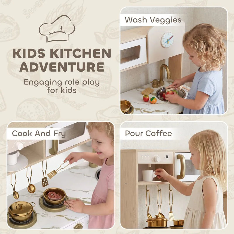 AIYAPLAY Play Kitchen, Kids Kitchen Playset with Rotating Coffee Machine, Storage Shelf, Stove, Gift for Kids 3-6 Years, White