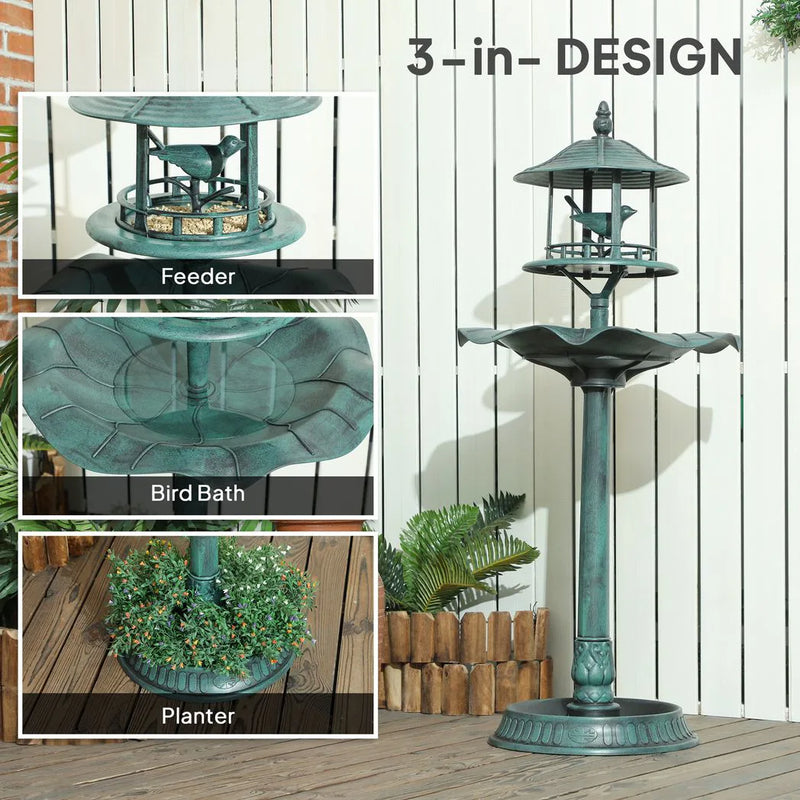 Outsunny 3-in-1 Garden Bird Bath, Freestanding Birdbath with Large Water Basin, Underneath Flower Planter, F50 x 113 cm, Green