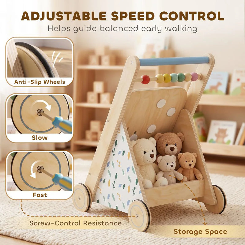 AIYAPLAY Wooden Baby Walker, Toddler Push Along Walker with Speed Control, Activity Centre and 5 Blocks for 18 Months, Natural
