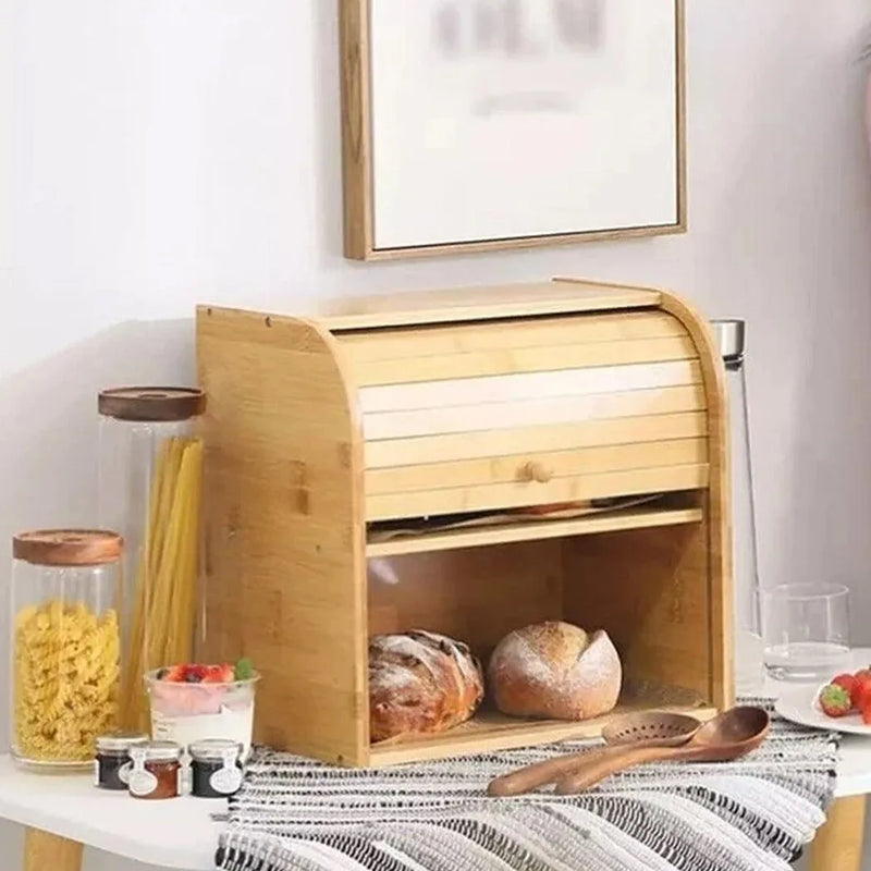 Bread Bin 2 Tiers Double Layer Box Slide Roll Top Food Storage Rack Home Kitchen