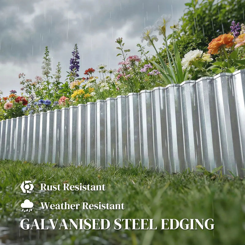 Outsunny Metal Garden Edging Border, 8 in x 21.3 ft Corrugated Heavy Duty Galvanised Steel Lawn Edging, Silver Tone