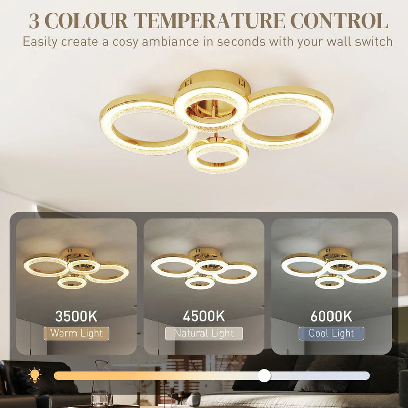 HOMCOM 4-Ring LED Ceiling Light, Flush Mount Ceiling Light with 3 Colour Temperatures, Gold Tone