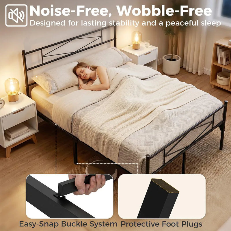 HOMCOM 4ft6 Double Bed Frame with Headboard and Footboard, Metal Platform Bed Frame with 32 cm Underbed Storage, Black