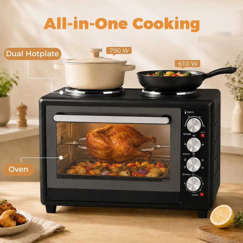 HOMCOM 46L Mini Oven with Dual Hot Plates, Electric Countertop Cooker with Convection, 90?230°C Adjustable Temperature