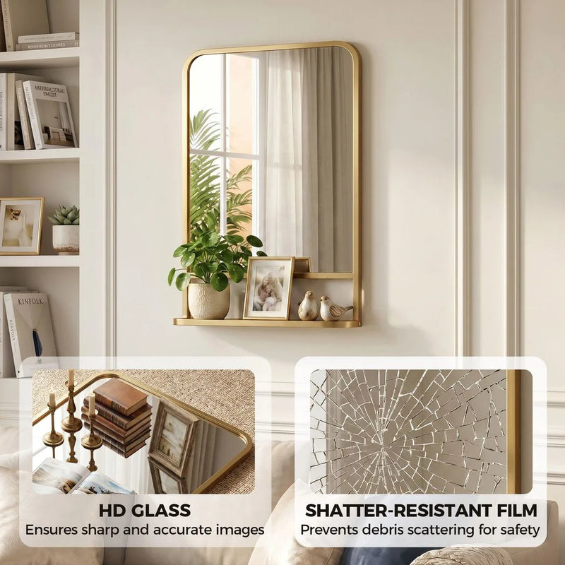 HOMCOM Modern Rectangular Wall Mirror with Storage Shelf, 70 x 50 cm, Gold Tone