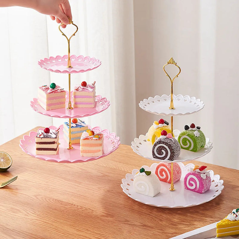 6pcs Cake Stand Afternoon Tea Wedding Plates Party Embossed Tableware Holder-Pink
