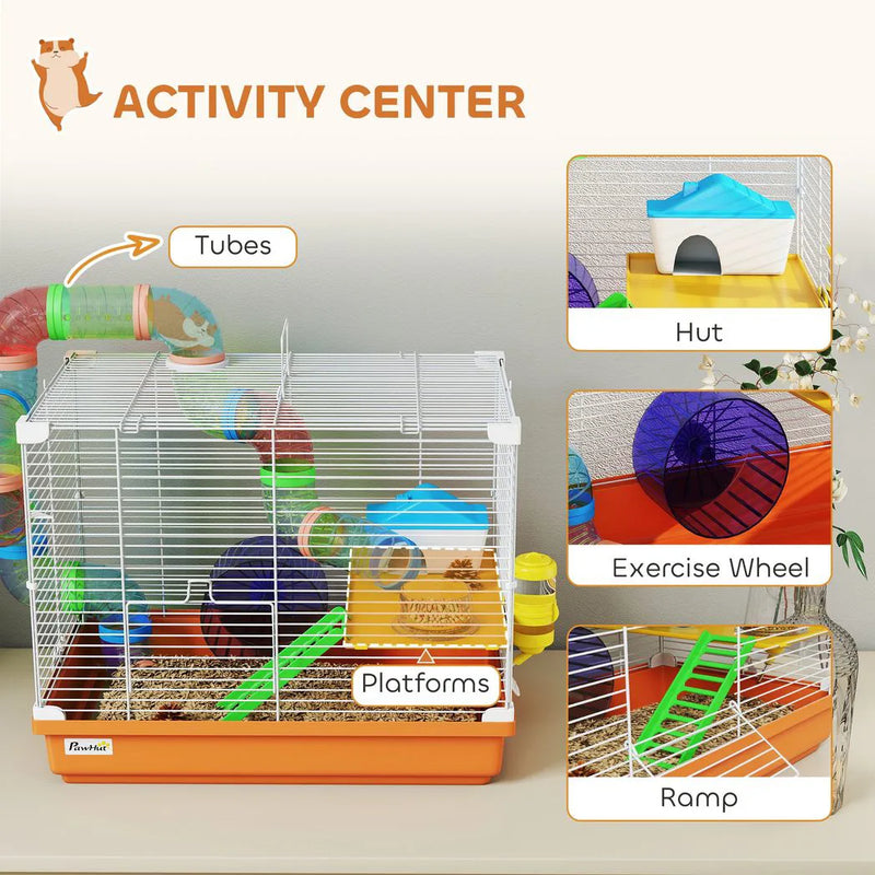 PawHut 2 Tier Hamster Cage, Gerbil Cage with Handle, Exercise Wheels, Tunnel, Water Bottle, Dishes, Ladder, for Dwarf