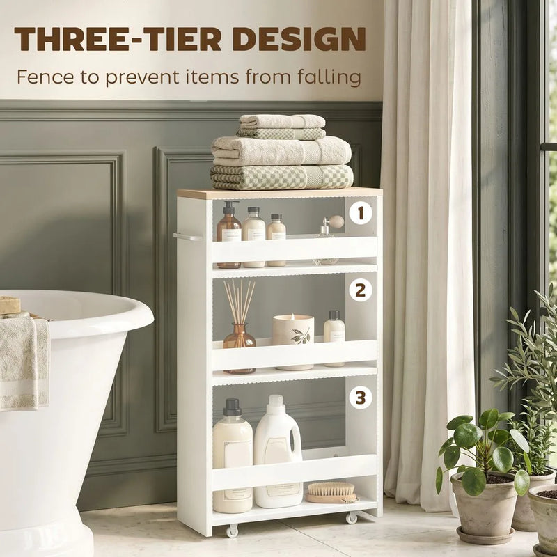 kleankin Storage Cart, 4-Tier Compact Storage Trolley on Wheels and Handle, 48W x 15D x 80H cm, White