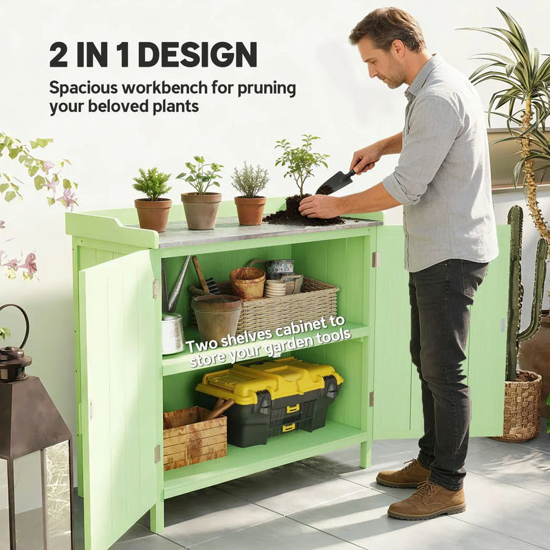 Outsunny Wood Garden Storage Cabinet, Outdoor Tool Shed, Potting Bench Table with galvanised Top and Two Shelves for garden Tools or Pool Accessories, Green