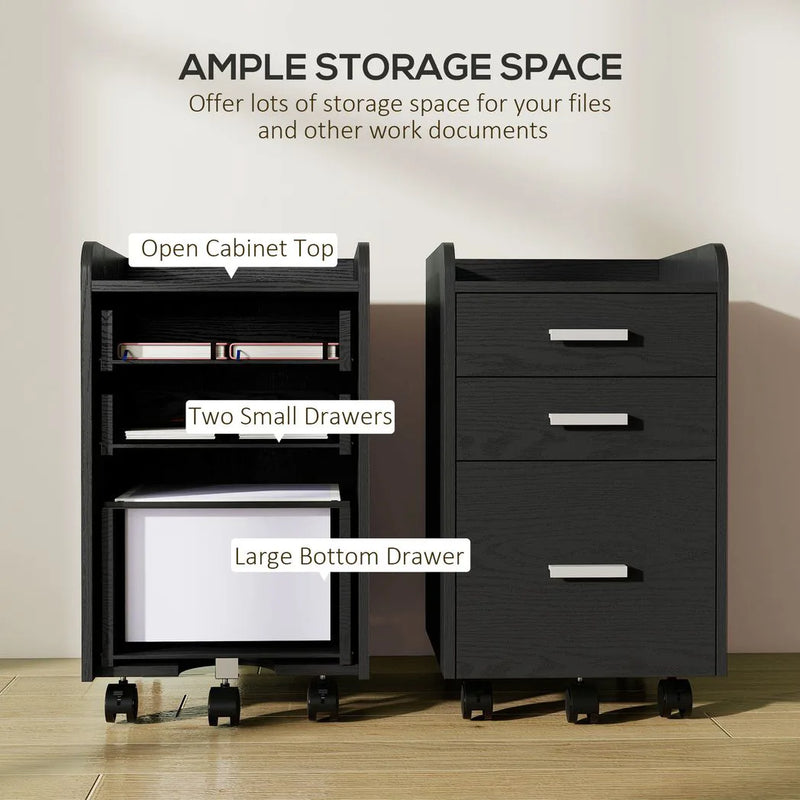 HOMCOM 3 Drawer Filing Cabinet, Rolling File Cabinet with Edged Top for Letter, A4 Size, Hanging File Folders, Black