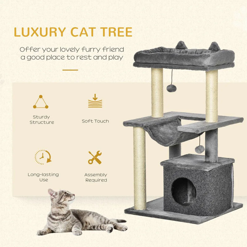 PawHut Cat Tree, 90cm Cat Tower with Sisal Scratching Posts, Cat Condo, Hammock, Top Perch and 2 Hanging Toys for Cats, Grey