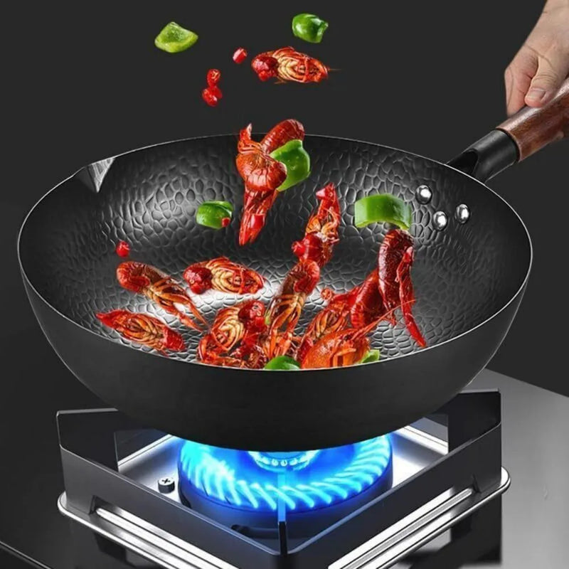 32CM Household Pure Iron Wok Non Coated Cast Iron Pan for Gas Induction Cookers