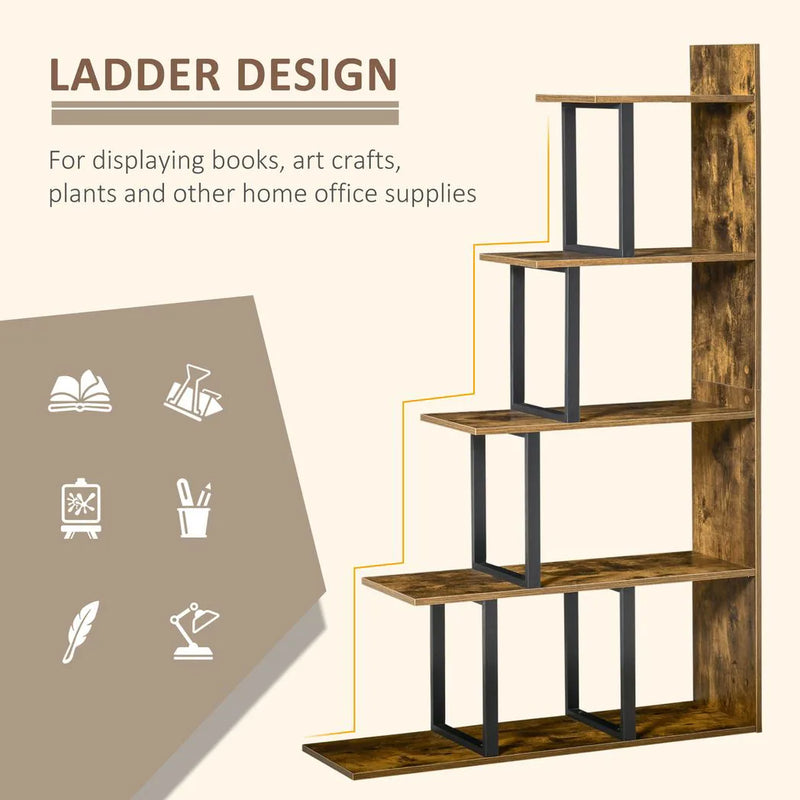HOMCOM 5-Tier Bookcase, Wooden Ladder Bookshelf Display Stand, Rustic Brown