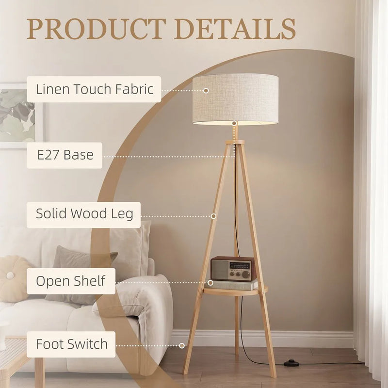 HOMCOM Bedside Light, Tripod Floor Lamp with Storage Shelf and Linen Shade for Living Room, 160cm, Natural Wood Colour