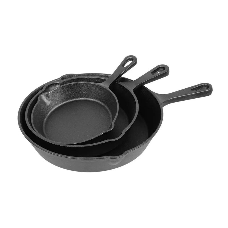 3x Cast Iron Non-Stick Skillet Griddle Frying Cooking Pan Fry Cooking Seasoned