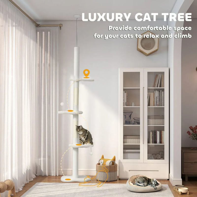 PawHut 225-255 cm Adjustable Cat Climbing Tower with Sisal Scratching Posts, 2 Hanging Play Balls and Anti-Tip Strap, Beige