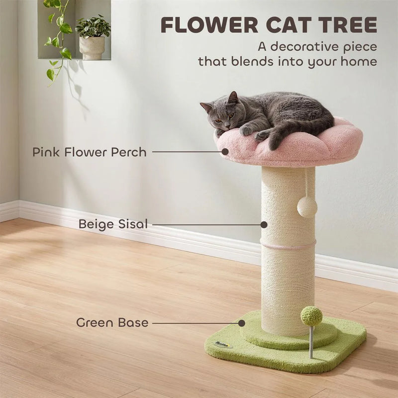 PawHut Cat Tree, Flower Cat Scratching Post with Thick Sisal Post, Dangling & Spring Balls, Bed, Kitty Activity Centre
