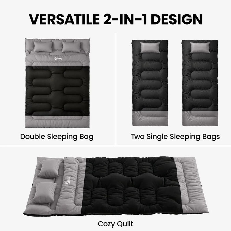 Outsunny Double Sleeping Bag with 2 Pillows, 220 x 160 cm Extra-Large Sleeping Bag for Adults, Black and Grey