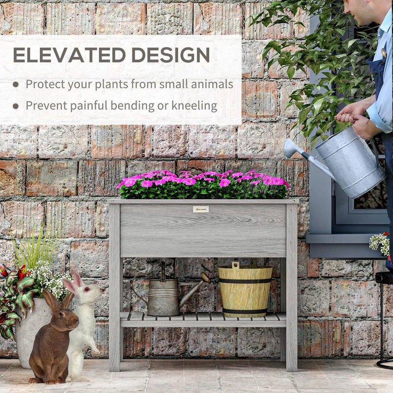 Outsunny Wooden Raised Garden Bed, Elevated Planter Box with Storage Shelf and Drainage Holes, Raised Planter with Legs, Grey