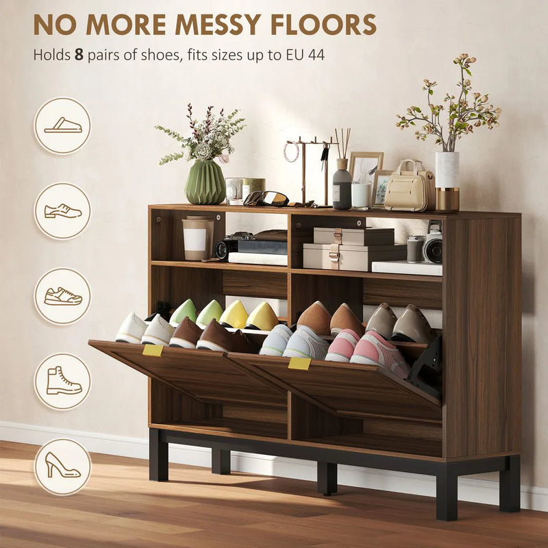 HOMCOM Shoe Cabinet with 2 Flip Drawers, Narrow Shoe Storage Top for Entryway Hallway, Rustic Brown