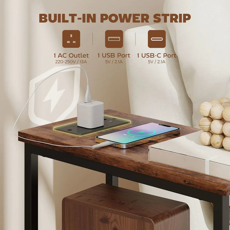 HOMCOM Side Table, Narrow Bedside Table with Charging Station, 2 Drawers, AC Outlet and 2 USB Ports for Living Room, Bedroom