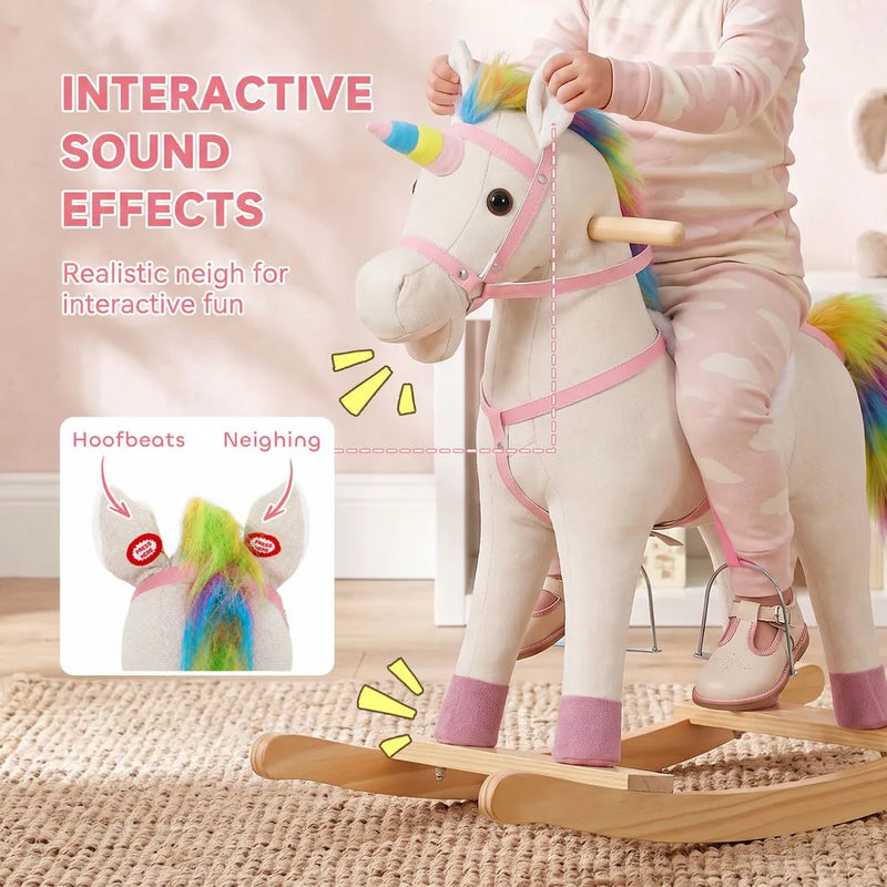AIYAPLAY Rocking Horse, Unicorn Ride on Horse with Sounds and Stable Wooden Base for 1-3 Years, Cream White