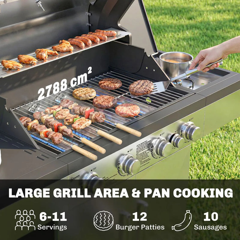 Outsunny 4 Burner Gas BBQ Grill, Portable Gas Barbecue Grill with Side Burner, Warming Rack, Side Shelf, Storage Cabinet