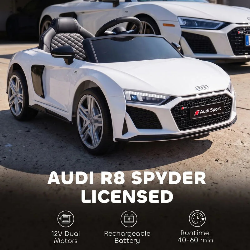 AIYAPLAY Licensed Audi R8 Spyder 12V Electric Car for Kids with Remote Control, Dual Motors, Rear Suspension, Soft Start, White