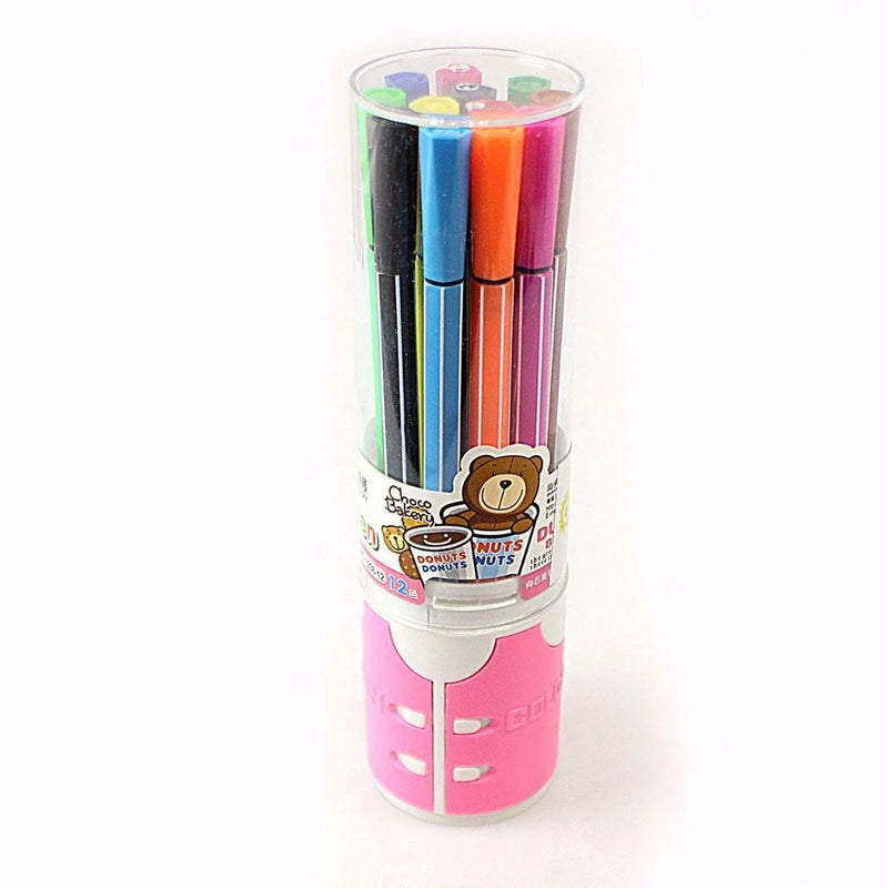 12 Pack Colouring Marker Pens In Holder Case Assorted Colours